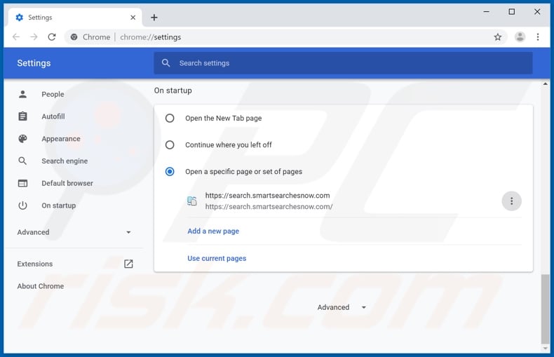 Removing search.smartsearchesnow.com from Google Chrome homepage