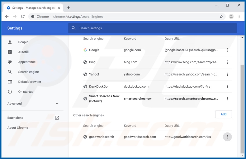 Removing search.smartsearchesnow.com from Google Chrome default search engine