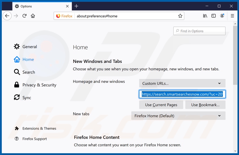 Removing search.smartsearchesnow.com from Mozilla Firefox homepage