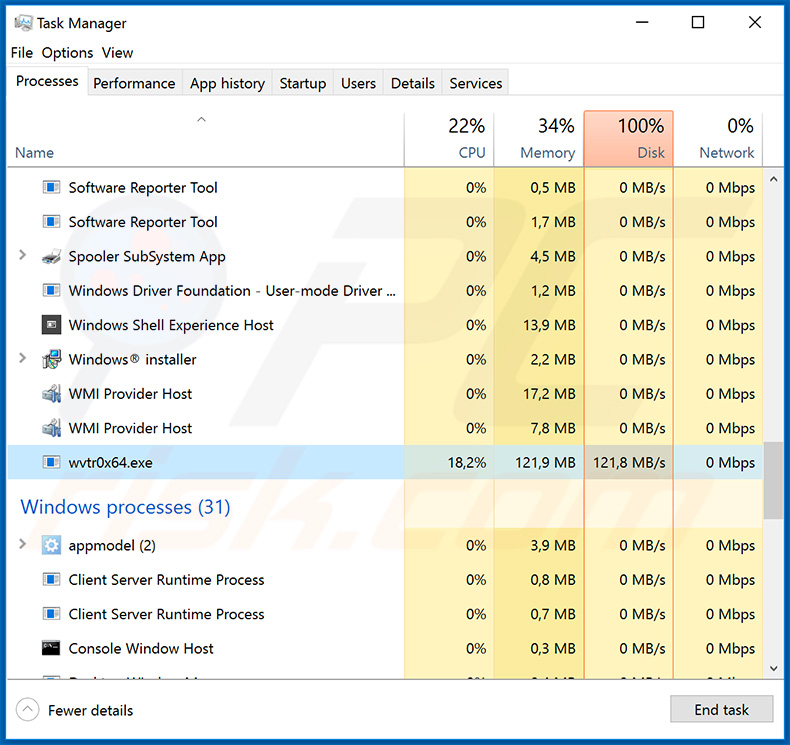 Process of updated Snatch ransomware in Windows Task Manager