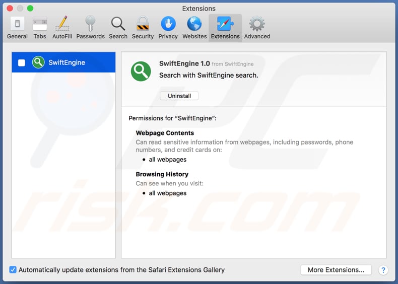 SwiftEngine extension installed on Safari