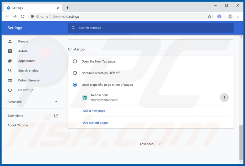 Removing srchbar.com from Google Chrome homepage
