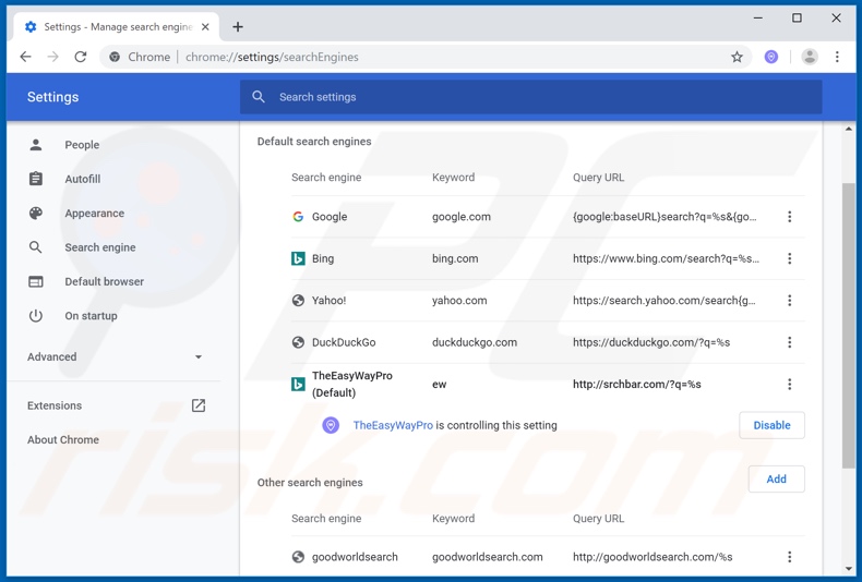 Removing srchbar.com from Google Chrome default search engine