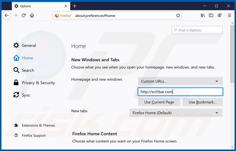 Removing srchbar.com from Mozilla Firefox homepage
