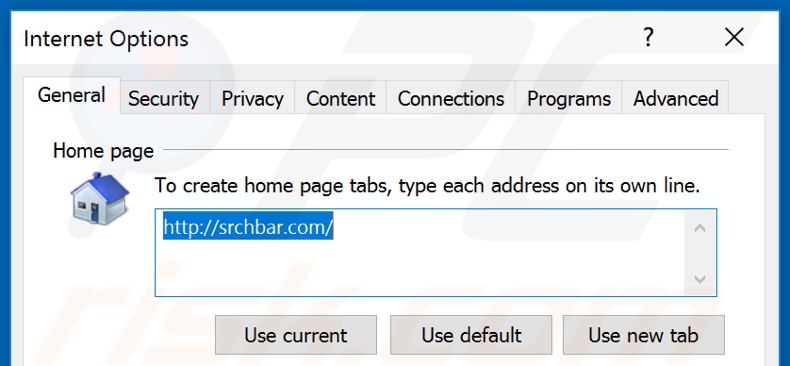 Removing srchbar.com from Internet Explorer homepage