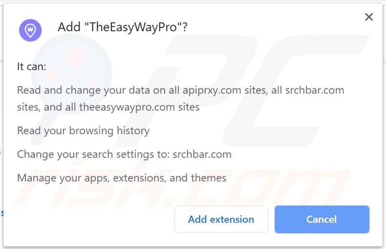 TheeasyWayPro browser hijacker asking for permissions
