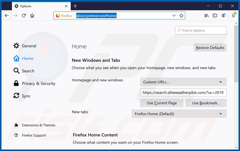 Removing search.stheweatherpilot.com from Mozilla Firefox homepage