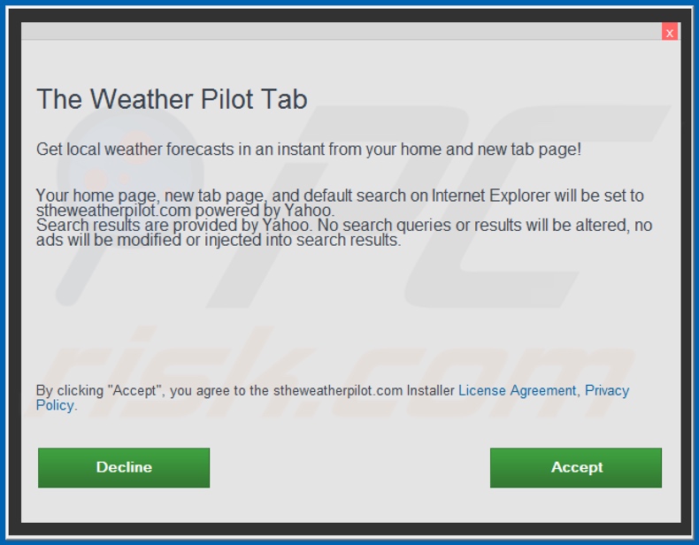 Official The Weather Pilot Tab browser hijacker installation setup