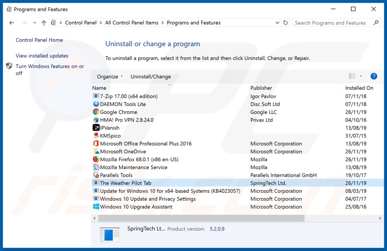 search.stheweatherpilot.com browser hijacker uninstall via Control Panel