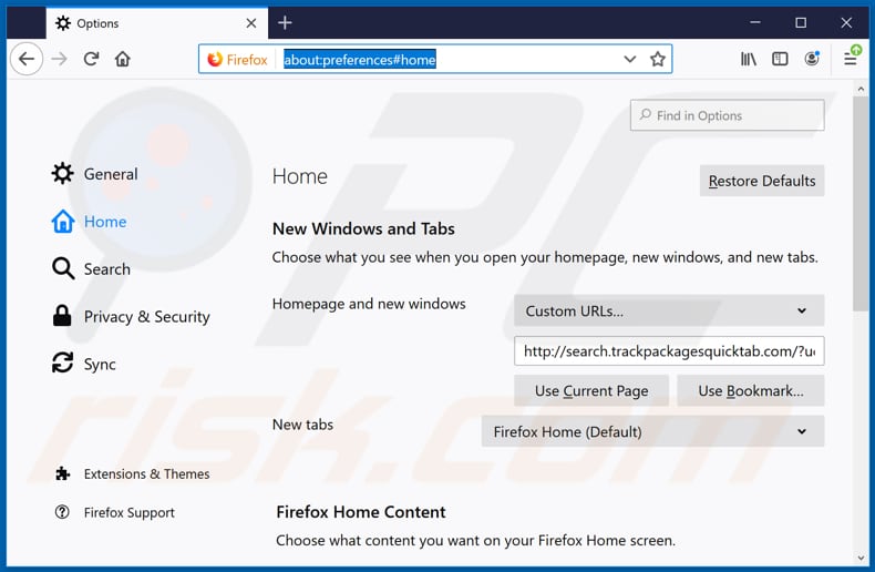 Removing search.trackpackagesquicktab.com from Mozilla Firefox homepage