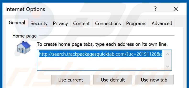 Removing search.trackpackagesquicktab.com from Internet Explorer homepage