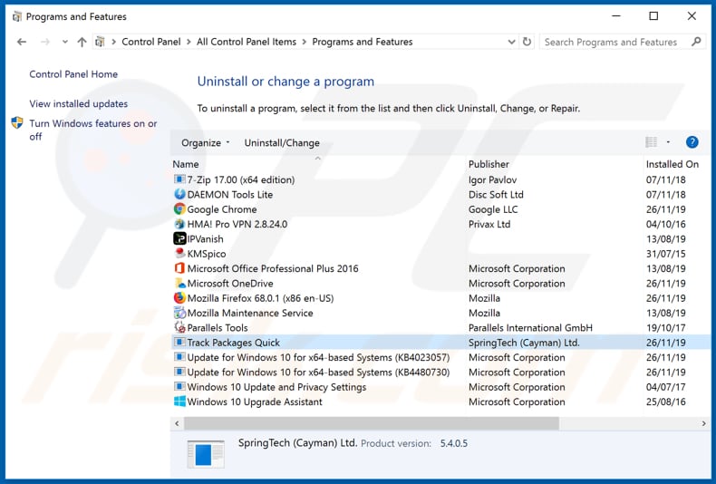 search.trackpackagesquicktab.com browser hijacker uninstall via Control Panel