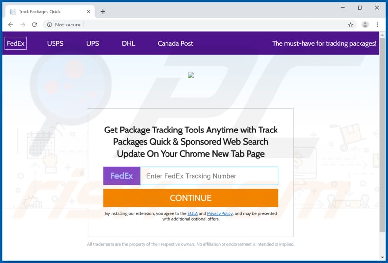 Website used to promote Track Packages Quick browser hijacker