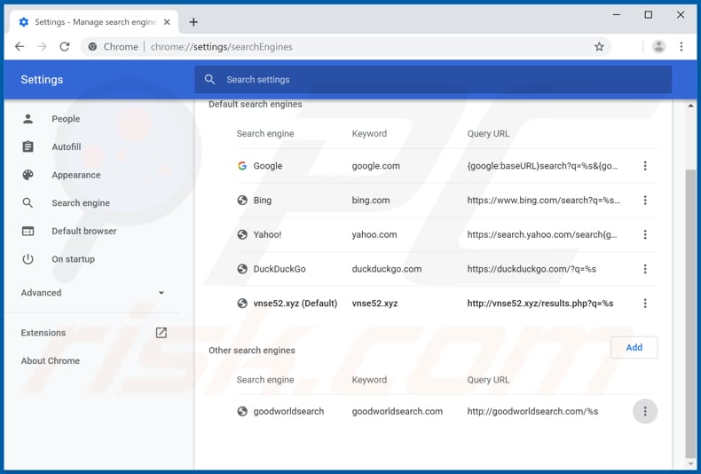 Removing vnse52.xyz from Google Chrome default search engine