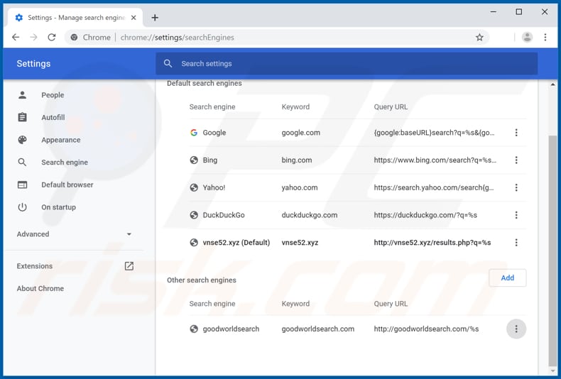 Removing vnse52.xyz from Google Chrome default search engine