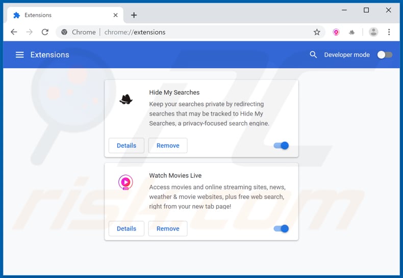 Removing search.watchmovieslivetab.com related Google Chrome extensions