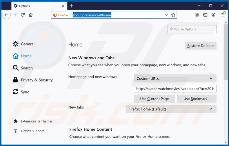 Removing search.watchmovieslivetab.com from Mozilla Firefox homepage
