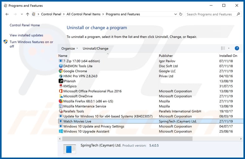 search.watchmovieslivetab.com browser hijacker uninstall via Control Panel