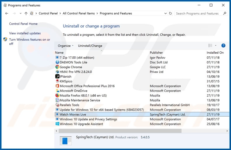 search.watchmovieslivetab.com browser hijacker uninstall via Control Panel