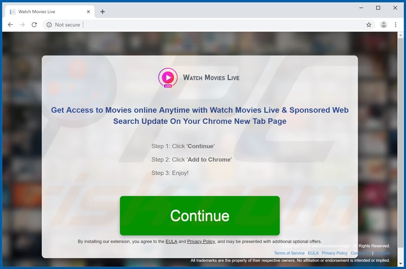 Website used to promote Watch Movies Live browser hijacker