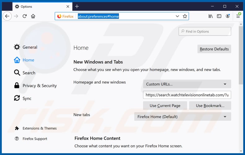 Removing search.watchtelevisiononlinetab.com from Mozilla Firefox homepage