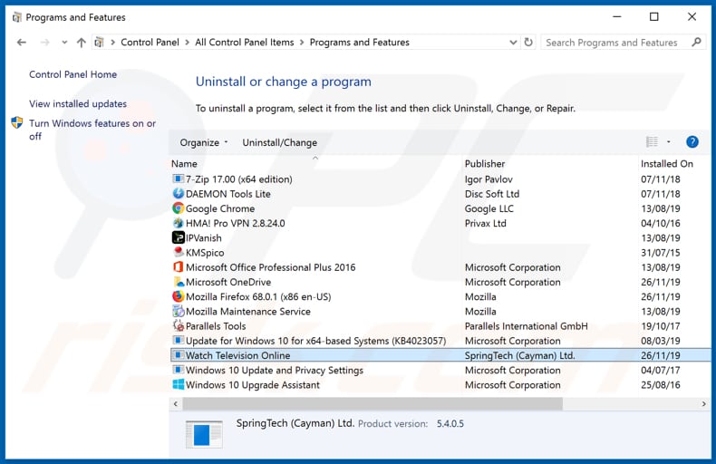 search.watchtelevisiononlinetab.com browser hijacker uninstall via Control Panel