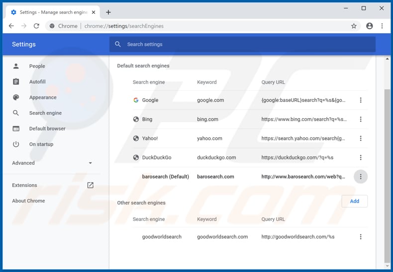 Removing barosearch.com from Google Chrome default search engine