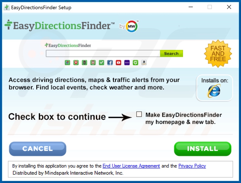 Official EasyDirectionsFinder browser hijacker installation setup