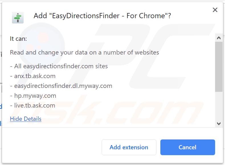 EasyDirectionsFinder browser hijacker asking for permissions