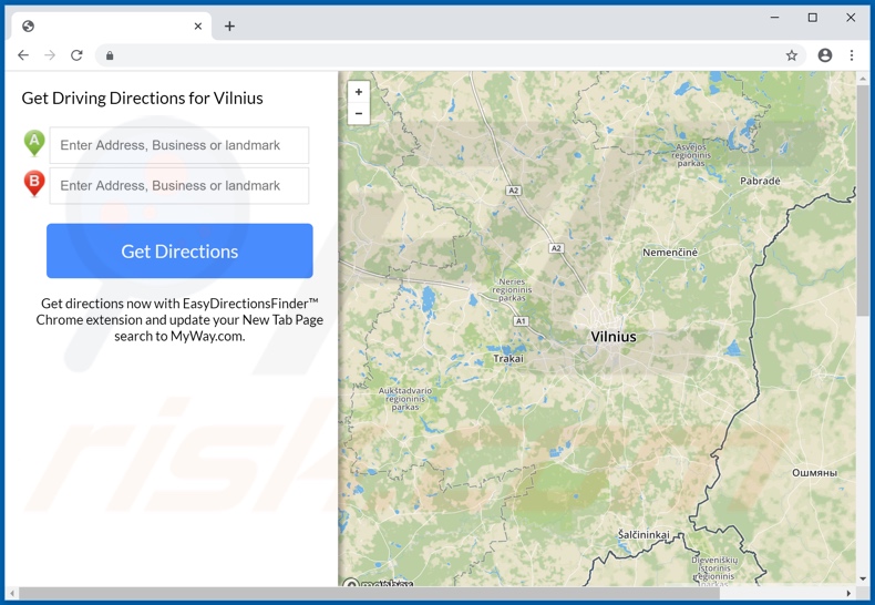 Website used to promote EasyDirectionsFinder browser hijacker