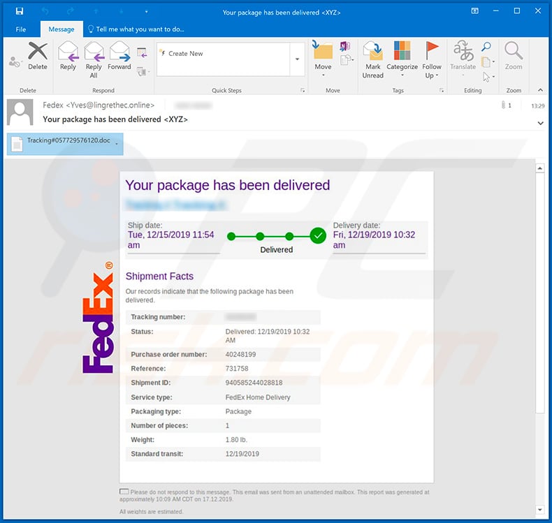 FedEx Shipment spam campaign distributing Dridex trojan
