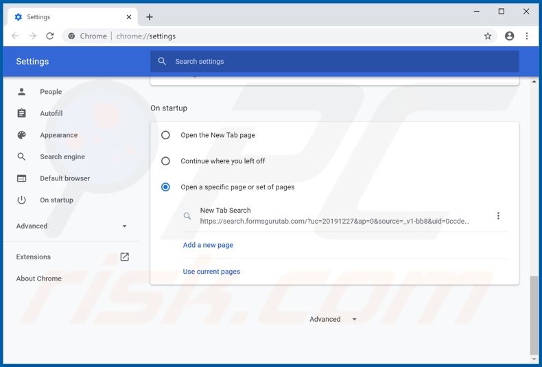 Removing search.formsgurutab.com from Google Chrome homepage