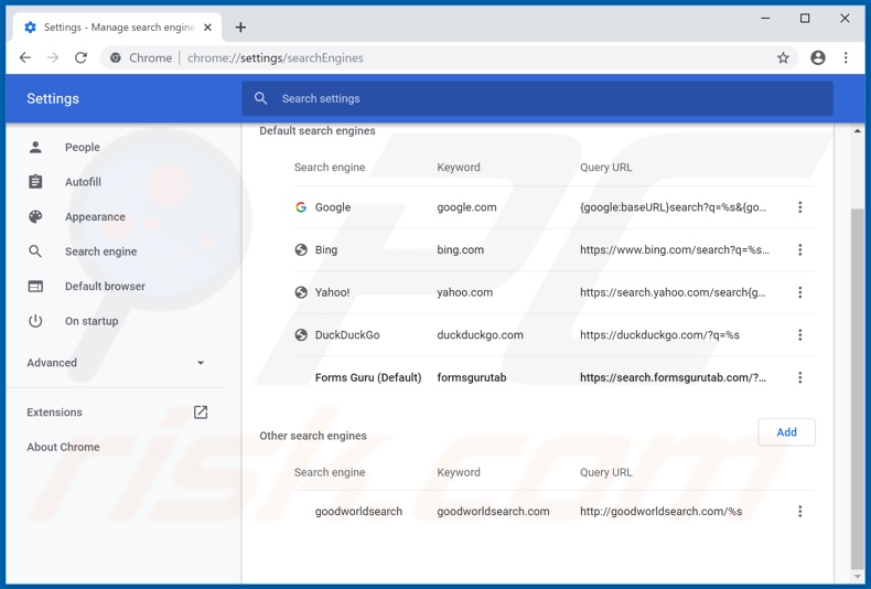 Removing search.formsgurutab.com from Google Chrome default search engine