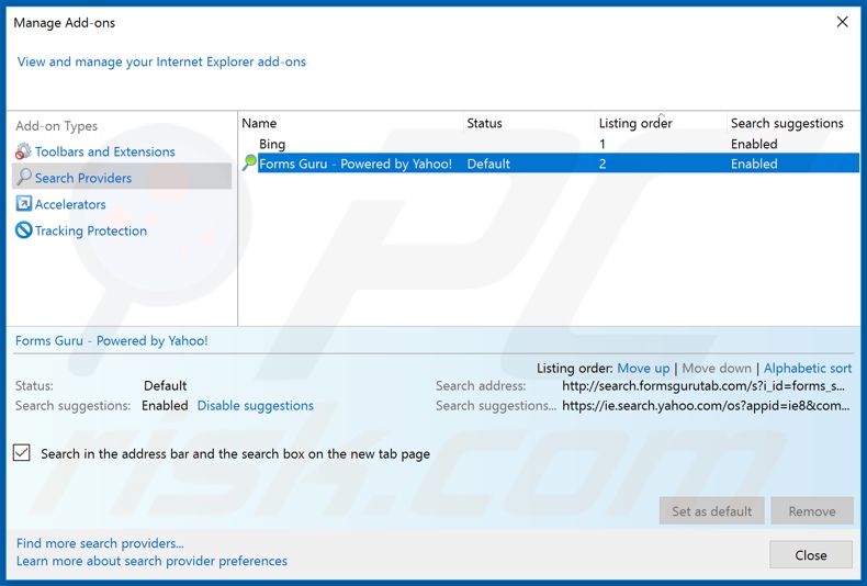 Removing search.formsgurutab.com from Internet Explorer default search engine
