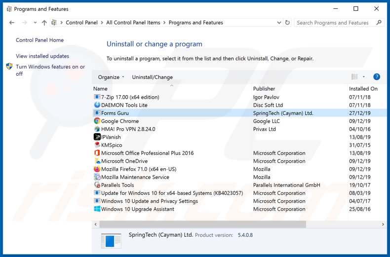 search.formsgurutab.com browser hijacker uninstall via Control Panel