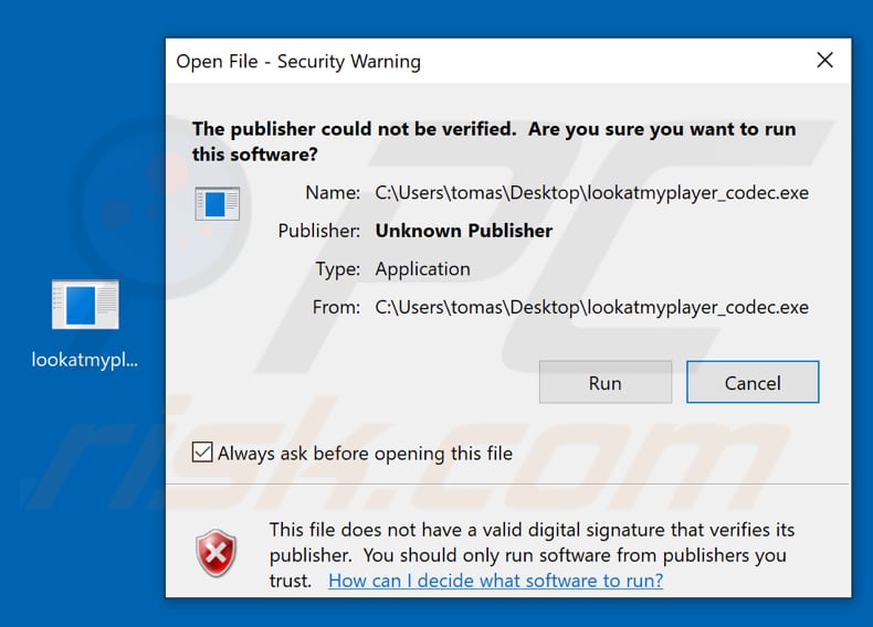 Windows warns about the lookatmyplayer_codec.exe file