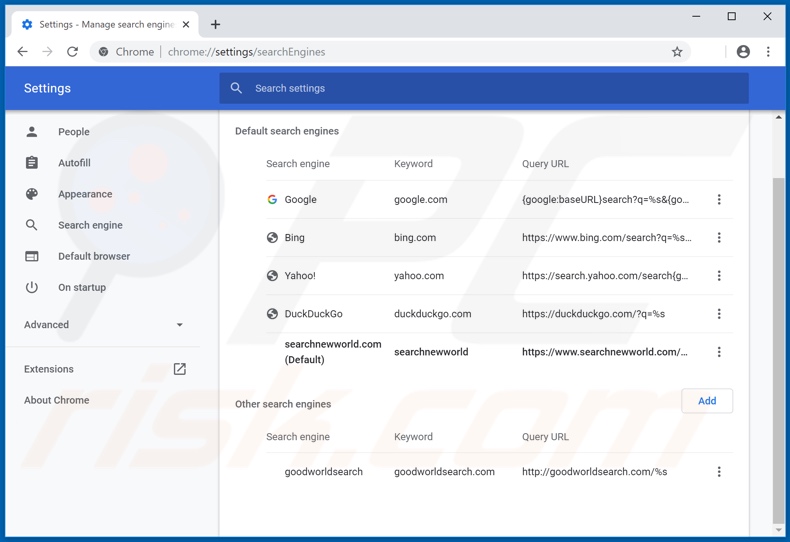 Removing searchnewworld.com from Google Chrome default search engine