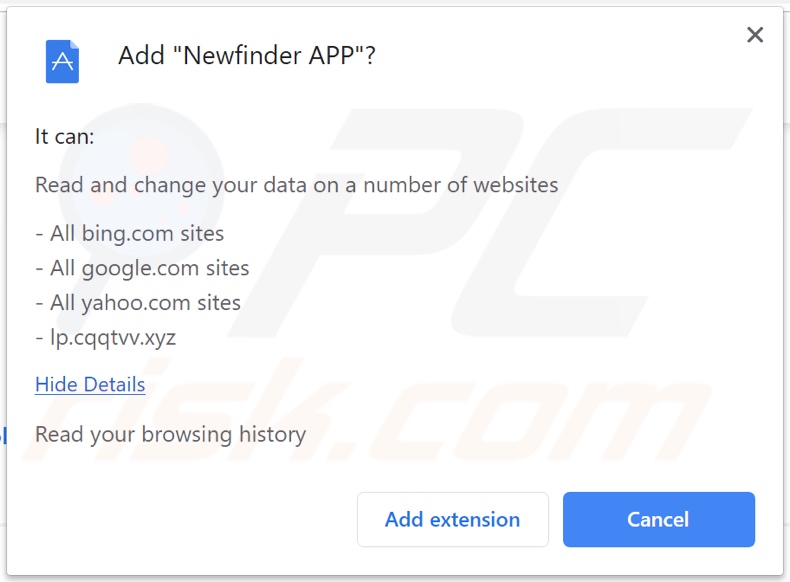 Newfinder APP browser hijacker asking for permissions