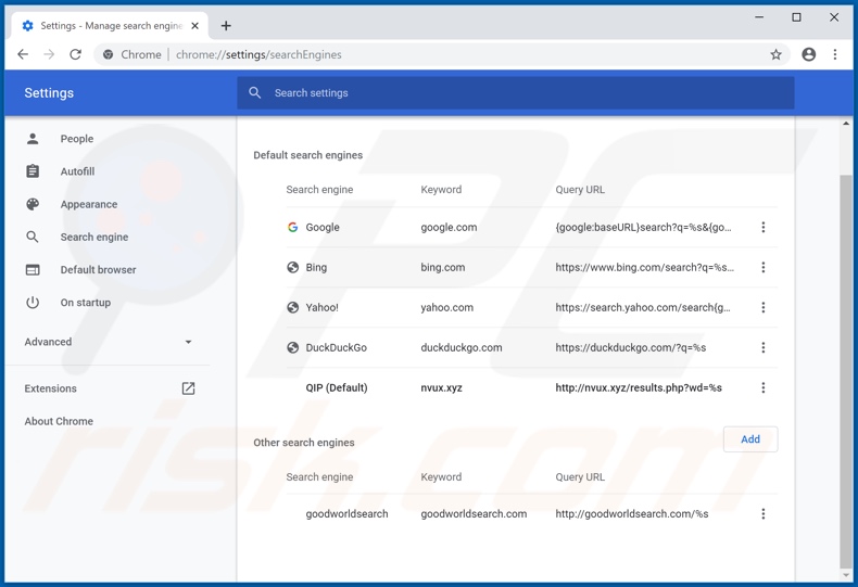 Removing nvux.xyz from Google Chrome default search engine