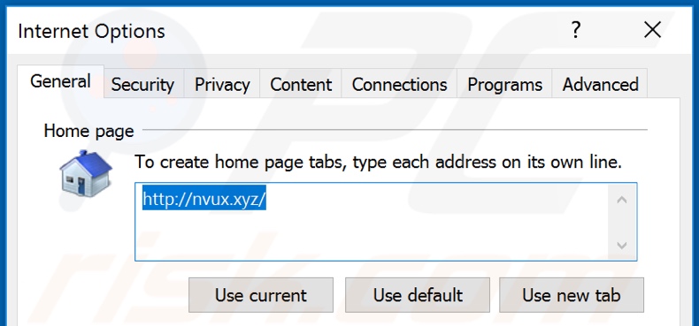 Removing nvux.xyz from Internet Explorer homepage