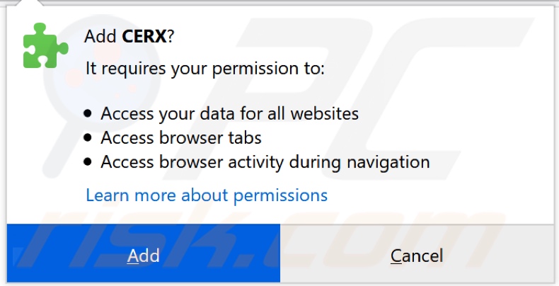 CERX browser hijacker asking for permissions