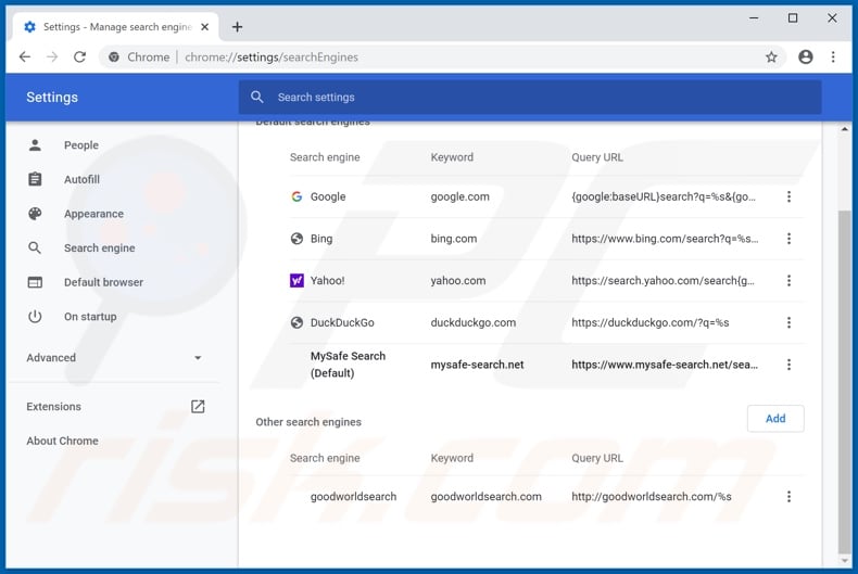 Removing mysafe-search.net from Google Chrome default search engine