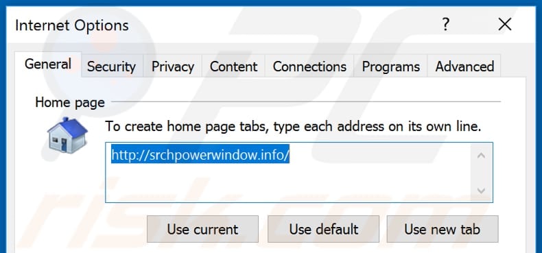 Removing srchpowerwindow.info from Internet Explorer homepage