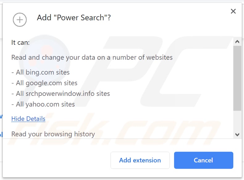 Power Search browser hijacker wants a permission to access and change various data