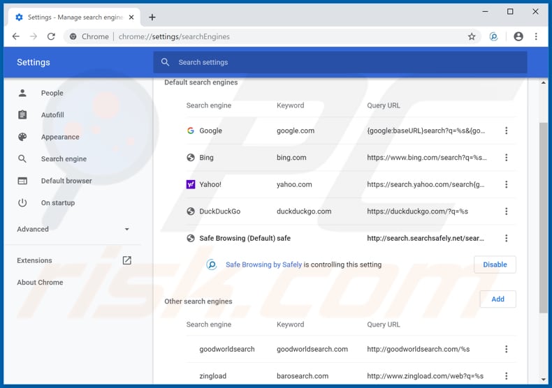 Removing search.searchsafely.net from Google Chrome default search engine