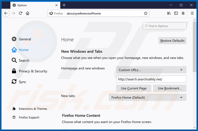 Removing search.searchsafely.net from Mozilla Firefox homepage