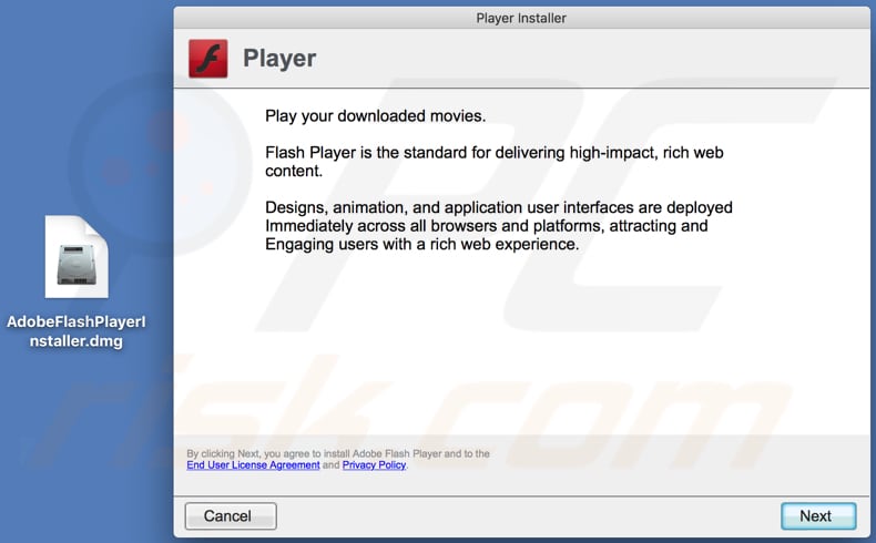 fake installer of Adobe Flash Player downloaded from yourultimatesafevideoplayer.info scam page