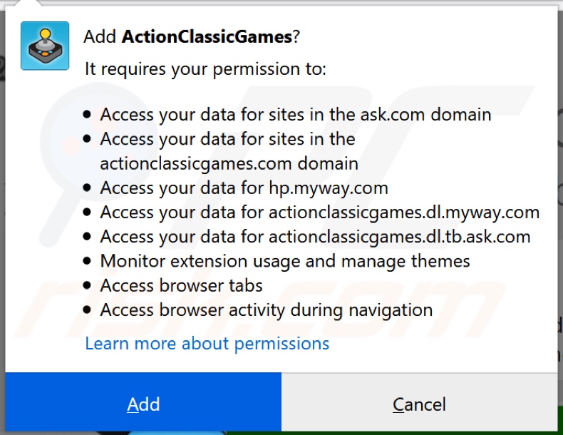 ActionClassicGames browser hijacker asking for permissions on Firefox