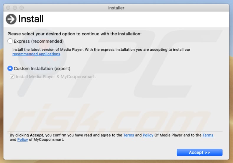 dialog box of a fake adobe flash player installer