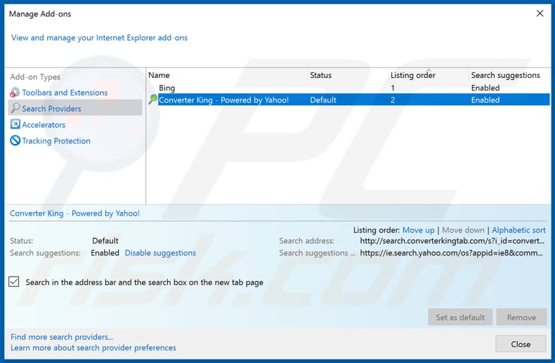 Removing search.converterkingtab.com from Internet Explorer default search engine